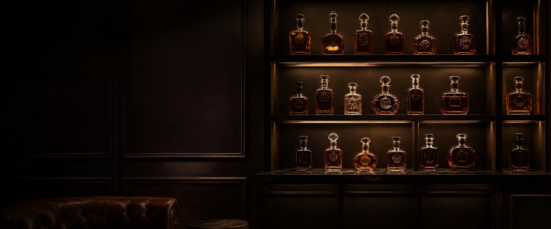 Rare collector bottles displayed in a dim cabinet