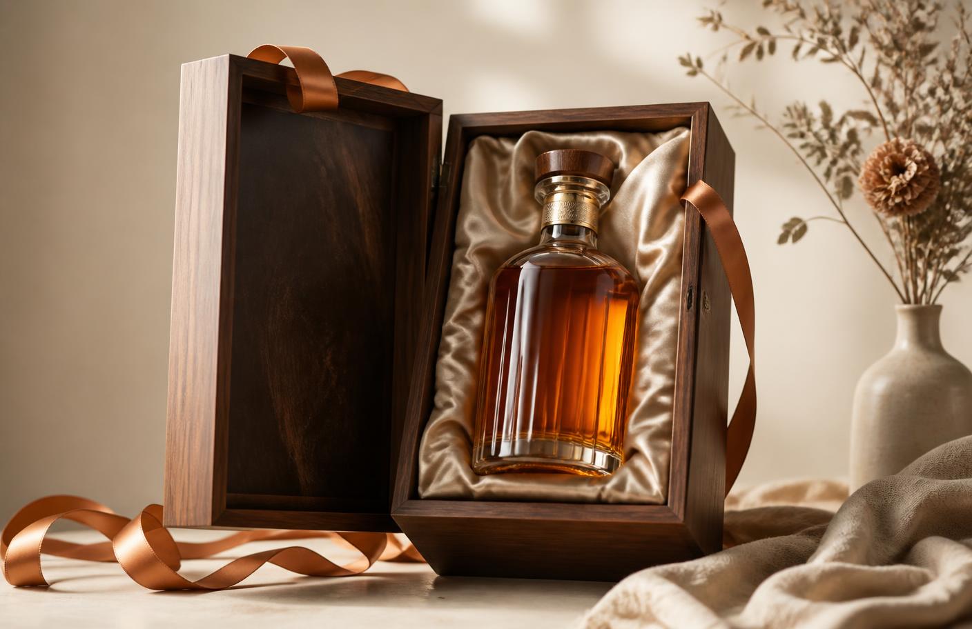Gift-wrapped spirit bottle with a handwritten note