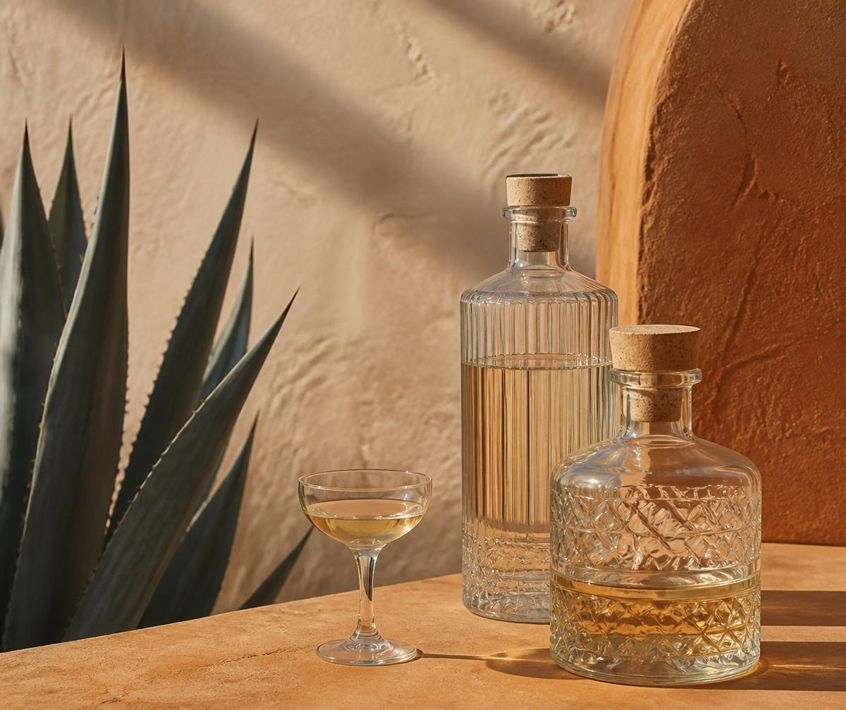 Agave field at golden hour with tequila bottles